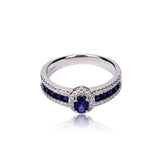 Glojewels Halo Chic Accent Blue Natural Sapphire Oval Cut Silver Ring