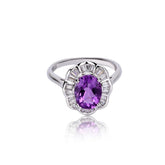 Glojewels Art Deco Floral Design Purple Natural Amethyst Oval Cut Silver Ring