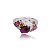 Glojewels Artistic Cluster Design Pink Natural Tourmaline Oval&Pear Cut Silver Ring