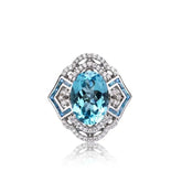 Glojewels Art Deco Luxury Blue Natural Topaz Oval Cut Silver Ring