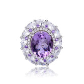 Glojewels Vintage Halo Design Purple Natural Amethyst Oval Cut Silver Ring