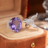 Glojewels Art Deco Bird-Inspired Purple Natural Amethyst Oval Cut Silver Ring