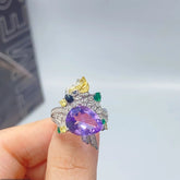 Glojewels Vintage Luxury Purple Natural Amethyst Pear Cut Silver Ring