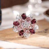 Glojewels Charming Flower-Inspired Pink&Ruby Natural Tourmaline Pear&Oval Cut Silver Ring
