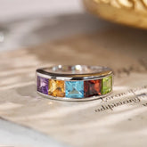 Glojewels Vibrant Rainbow Multicolor Natural Gemstone Princess Cut Silver Band Ring