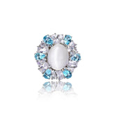 Glojewels Halo Radiant Flower White Natural Moonstone Oval Cut Silver Ring