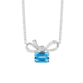 Glojewels Sparkling Accents Bow Blue Natural Topaz Emerald Cut Silver Pendant Necklace
