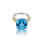 Glojewels Two Tone X-cross Band Blue Natural Topaz Cushion Cut Silver Ring