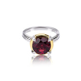 Glojewels Two Tone Solitaire Deep Red Natural Garnet Round Cut Silver Ring