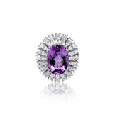 Glojewels Stunning Double Halo Purple Natural Amethyst Oval Cut Silver Ring