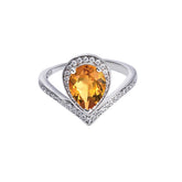 Glojewels Elegant V-Shaped Halo Yellow Natural Citrine Pear Cut Silver Ring