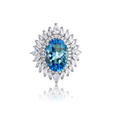 Glojewels Flower Double Halo Blue Natural Topaz Oval Cut Silver Ring