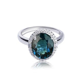 Glojewels Timeless Elegant Halo Blue Natural Topaz Oval Cut Silver Ring