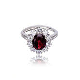 Glojewels Vinateg Halo Exquisite Flower Natural Garnet Oval Cut Silver Ring