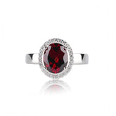 Glojewels Stylish Square Band Halo Natural Garnet Oval Cut Silver Ring
