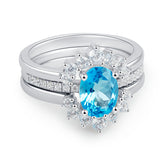 Glojewels 2pcs Halo Orbit Blue Topaz Oval Cut Silver Ring Set