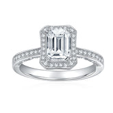 Glojewels Halo Unique White Sapphire 1ct Moissanite Emerald Cut Silver Ring