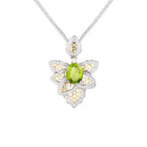 Glojewels Two-Tone Flower Olive Green Natural Peridot Oval Cut Silver Pendant Necklace