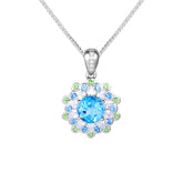Glojewels Floral-Inspired Halo Blue Natural Topaz Round Cut Silver Pendant Necklace