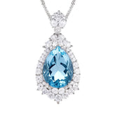 Glojewels Floral Accents Halo Blue Natural Topaz Pear Cut Silver Pendant Necklace