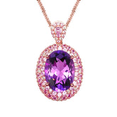 Glojewels Rose Gold Vintage Double Halo Purple Natural Amethyst Oval Cut Silver Pendant Necklace