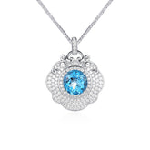 Glojewels Flower Multi-layer Halo Blue Natural Topaz Round Cut Silver Pendant Necklace