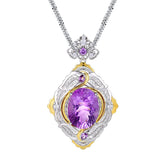 Glojewels Two-Tone Vintage Filigree Design Purple Natural Amethyst Oval Cut Silver Pendant Necklace