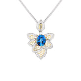 Glojewels Two Tone Butterfly-Shaped London Blue Natural Topaz Oval Cut Silver Pendant Necklace