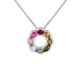 Glojewels Rainbow Flower Multicolored Natural Tourmaline Oval Cut Silver Pendant Necklace