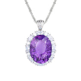 Glojewels Timeless Halo Purple Natural Amethyst Oval Cut Silver Pendant Necklace