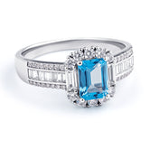 Glojewels Vintage Halo Half Eternity Blue Topaz Emerald Cut Silver Ring