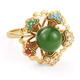 Glojewels Gold Rotating Flower Green Jade Round Cut Silver Ring