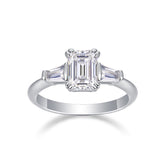 Glojewels Three Stone Simple White Sapphire 1ct Moissanite Emerald Cut Silver Ring