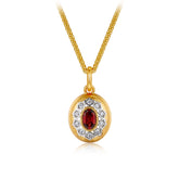 Glojewels Two Tone Halo Natural Garnet Oval Cut Silver Pendant Chopin Chain Necklace