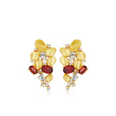 Glojewels Gold Flower Cluster Design Natural Garnet Oval Cut Silver Stud Earring