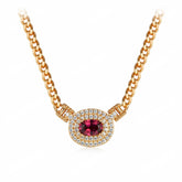 Glojewels Champagne Gold Double Halo Natural Garnet Oval Cut Silver Pendant Cuban Chain Necklace