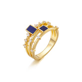 Glojewels Gold Square Double Row Design Natural Lapis Lazuli Princess Cut Silver Ring
