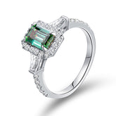 Glojewels Three Stone Halo 1ct Blue-green Moissanite Emerald Cut Silver Ring