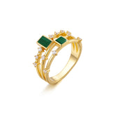Glojewels Gold Square Double Row Design Natural Malachite Princess Cut Silver Ring