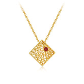 Glojewels Gold Lattice Openwork Natural Garnet Round Cut Silver Pendant Necklace