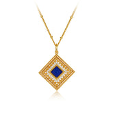 Glojewels Gold Halo Hollow Design Natural Lapis Lazuli Princess Cut Silver Pendant Necklace