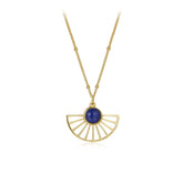 Glojewels Gold Fan Design Natural Lapis Lazuli Round Cut Silver Pendant Necklace