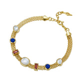 Glojewels Gold Stardust Design Natural Lapis Lazuli & Mother of Pearl Cushion Cut Silver Bracelet