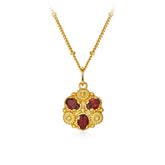 Glojewels Gold Flower Natural Garnet Oval Cut Silver Pendant Beaded Chain Necklace