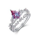 Glojewels 2pc Art Deco Leaf Alexandrite Kite Cut Silver Ring Set