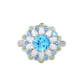 Glojewels Halo Flower Design Aqua Blue Natural Topaz Round Cut Silver Ring