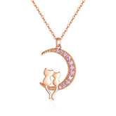 Glojewels Rose Gold Cat Love Under Moon Pink Sapphire Round Cut Silver Pendant Necklace