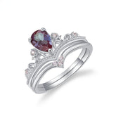Glojewels 2pc Vintage Crown Alexandrite Pear Cut Silver Ring Set