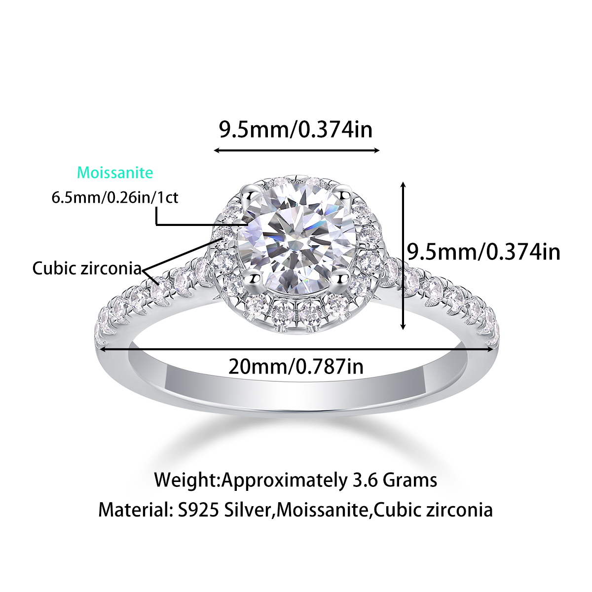 Glojewels Halo Unique White Sapphire 1ct Moissanite Round Cut Silver Ring