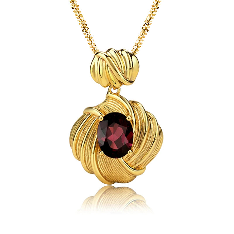 Glojewels Gold Vintage Braided Natural Garnet Oval Cut Silver Pendant Necklace
